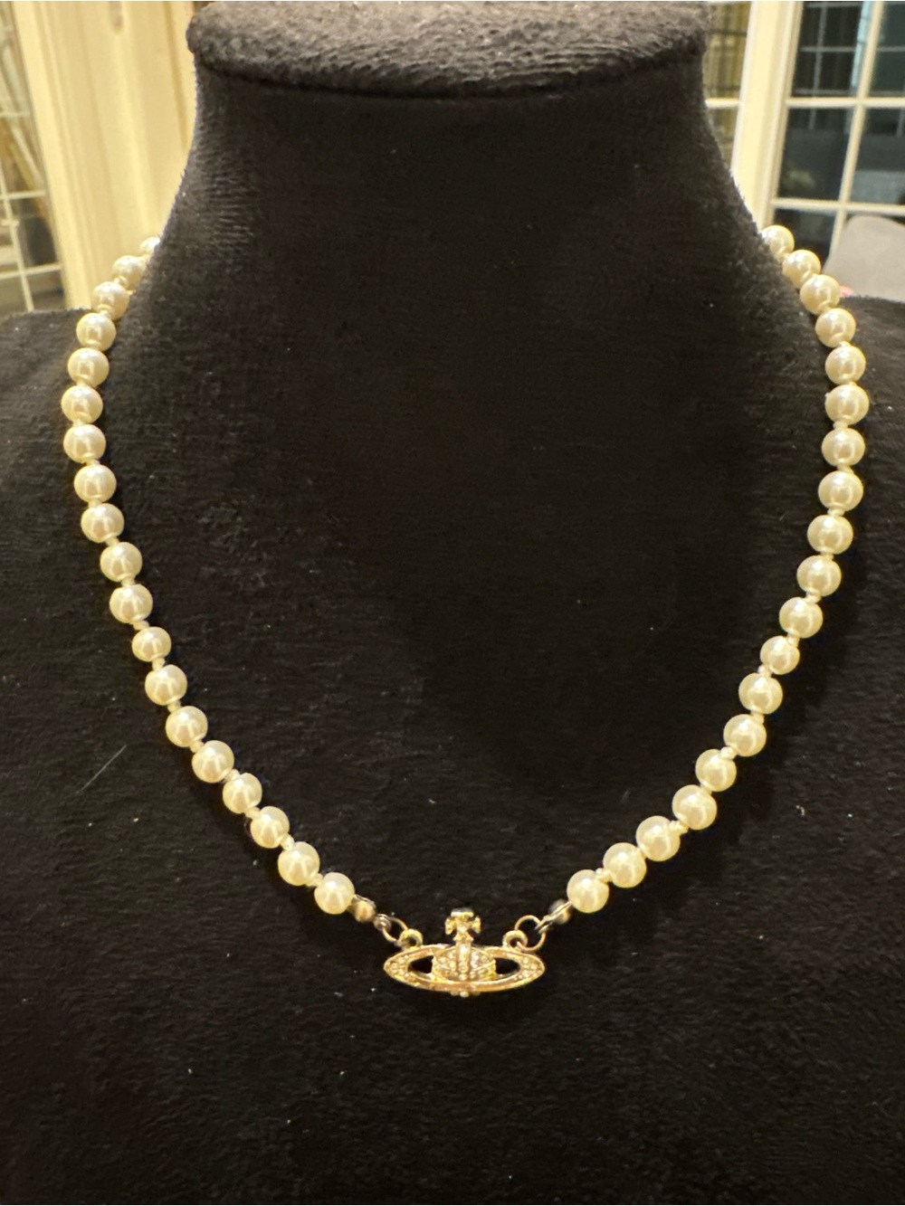 Faux Pearl Necklace Gold Tone Rhinestone Orb Statement Costume Jewelry